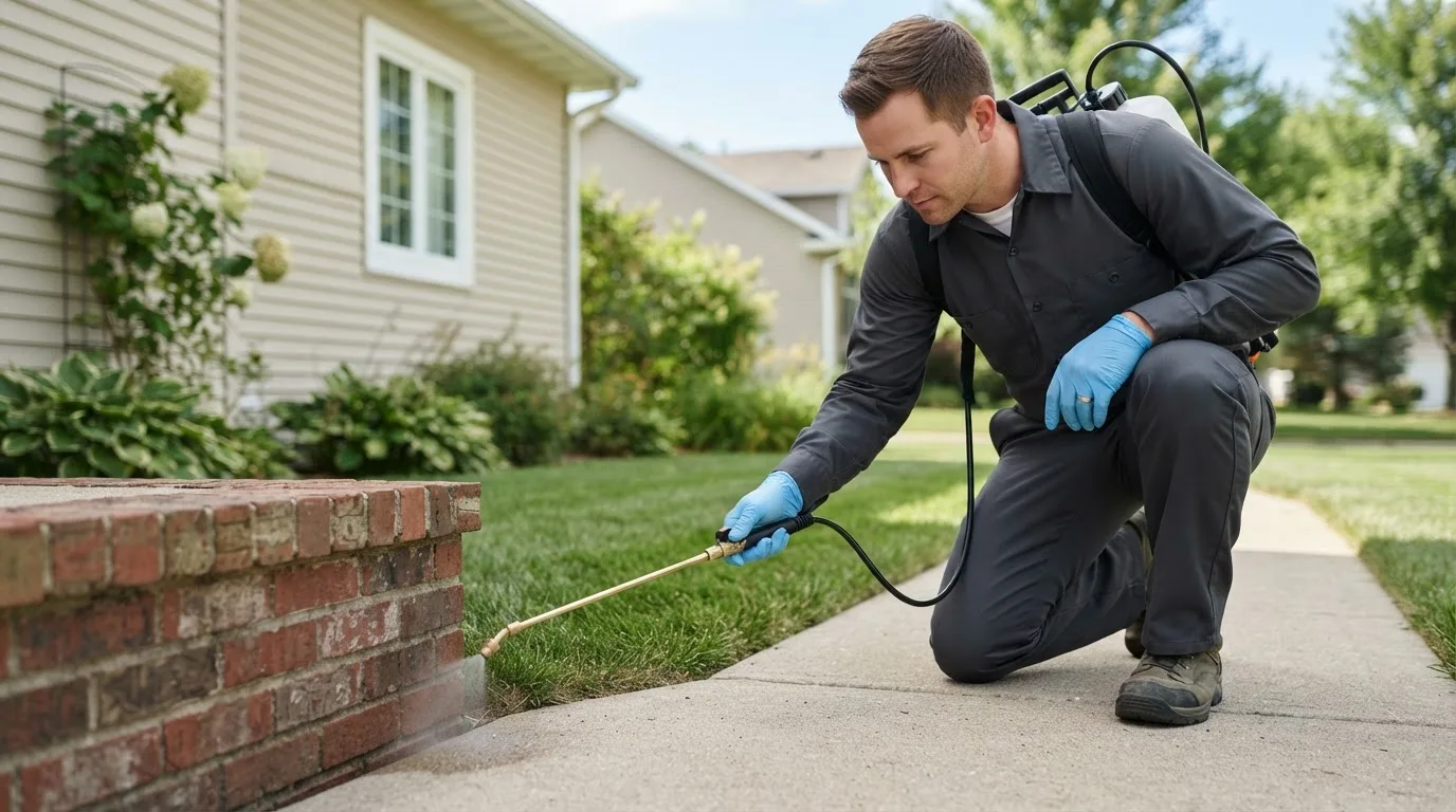 Pest control technician treating a home near Los Lunas, NM